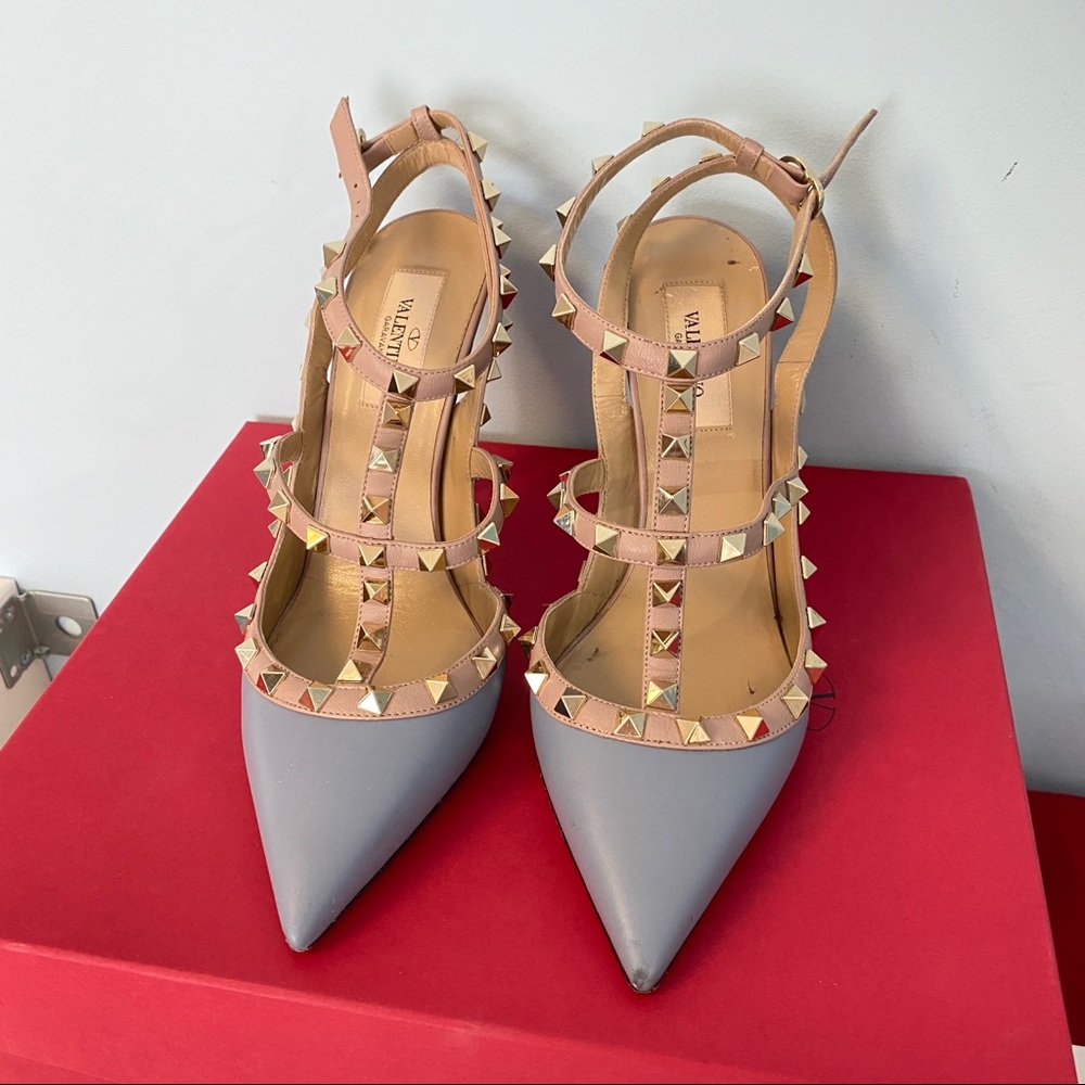 Valentino - Dusty Blue Leather T-Strap Rockstud Heels Size 38